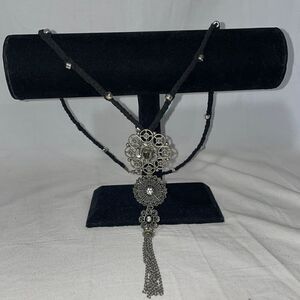 Cloth Braided Necklace with a Three Metal Emblems